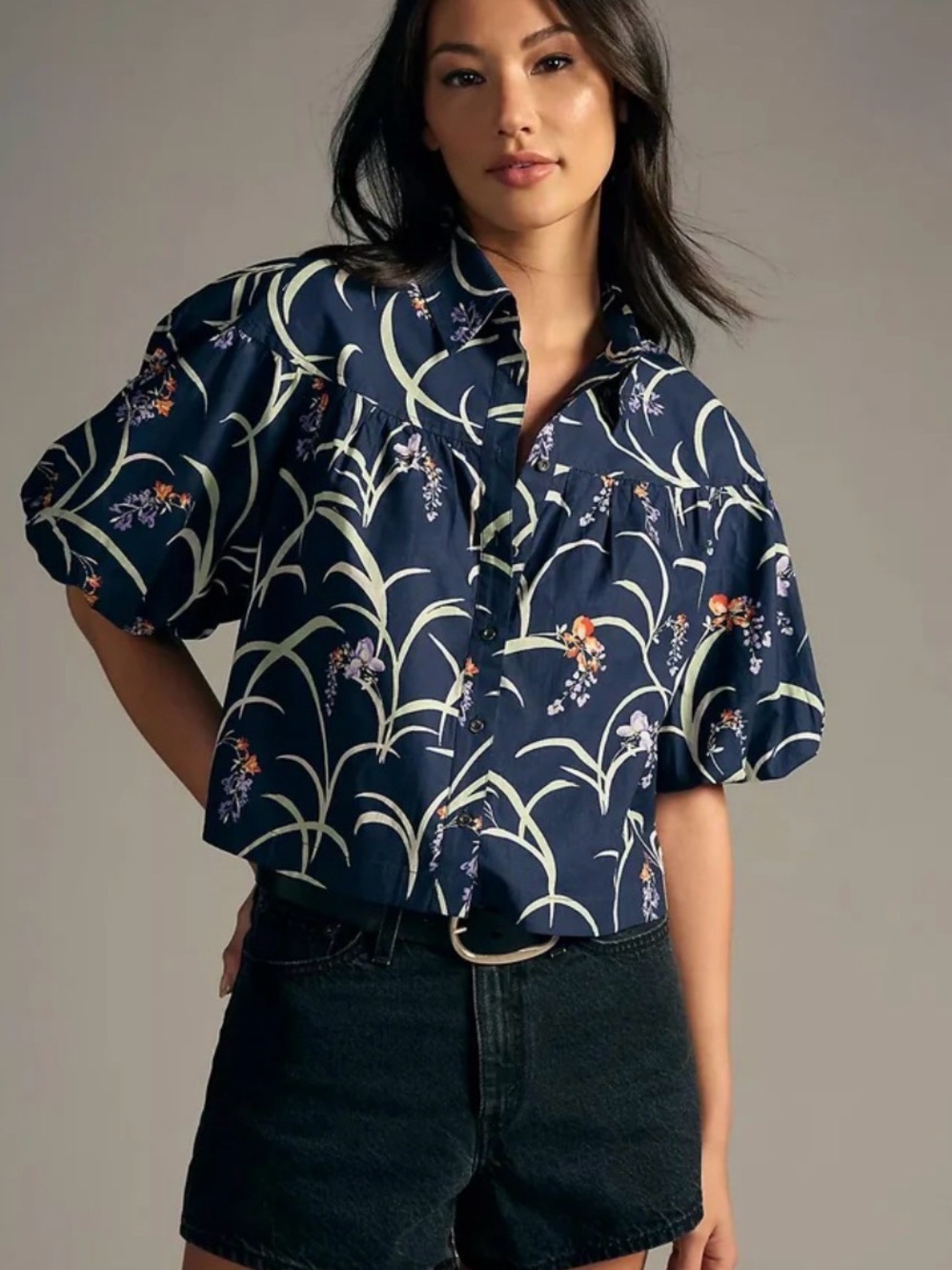 Anthropologie Maeve The Zooey Bubble-Sleeve floral Blouse navy button size XXSP
